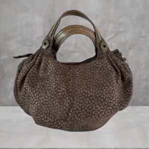 VTG Gap Double Handle Hobo Shoulder Bag-Brown Suede Leather w/ Gold Flowers